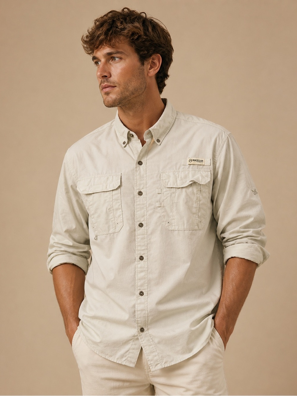 Magellan Outdoors Button-Down Casual Shirt in Light Khaki L